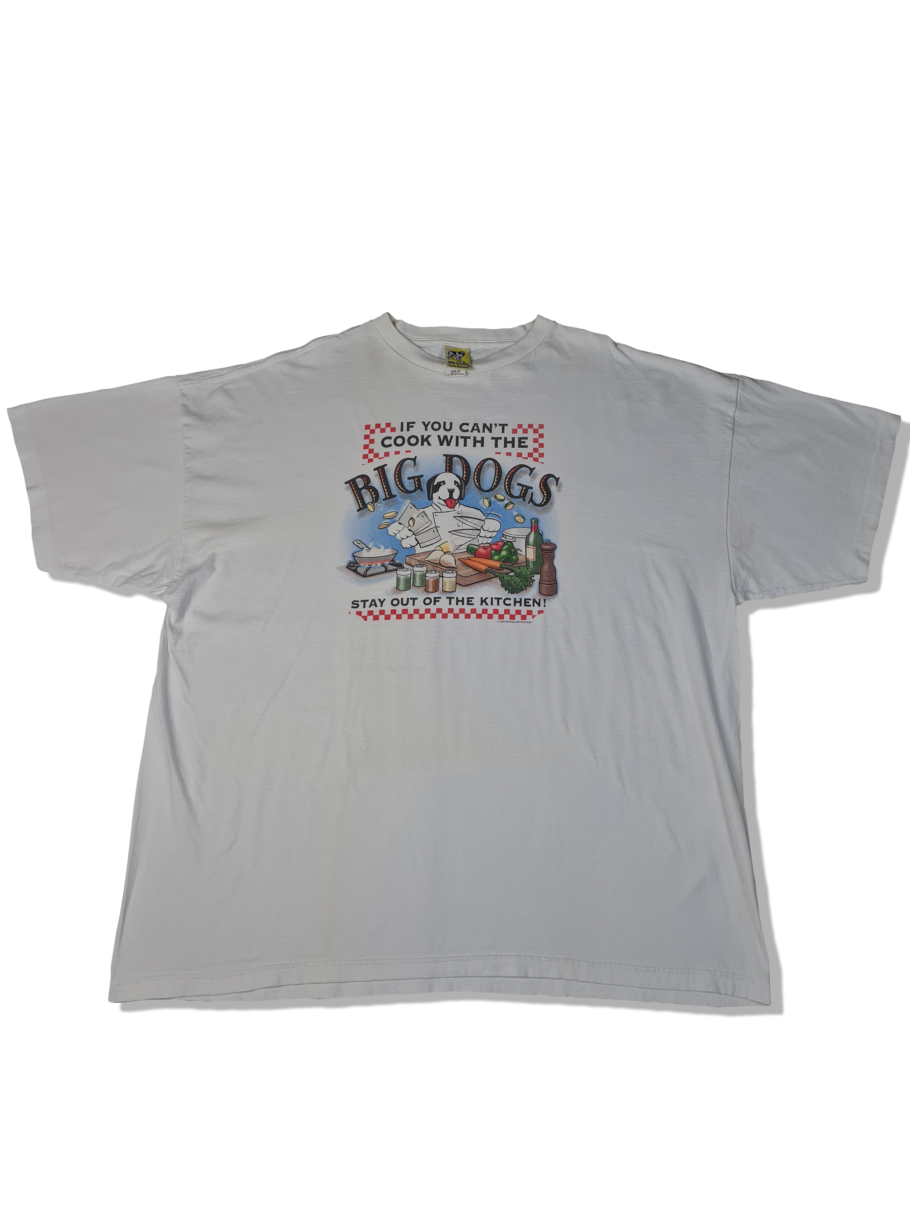Vintage Big Dog Sportswear Shirt 1997 "If you cant cook with the big dogs..." Made In USA Weiß  XXL-XXXXL - RareRags