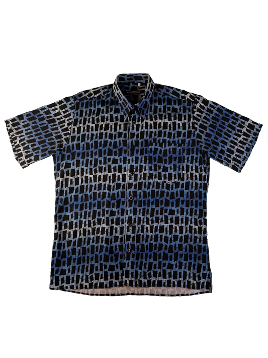 Vintage Marc Thombard By Switzerland Hemd Kurzarm Abstract Pattern Schwarz Blau L-XL