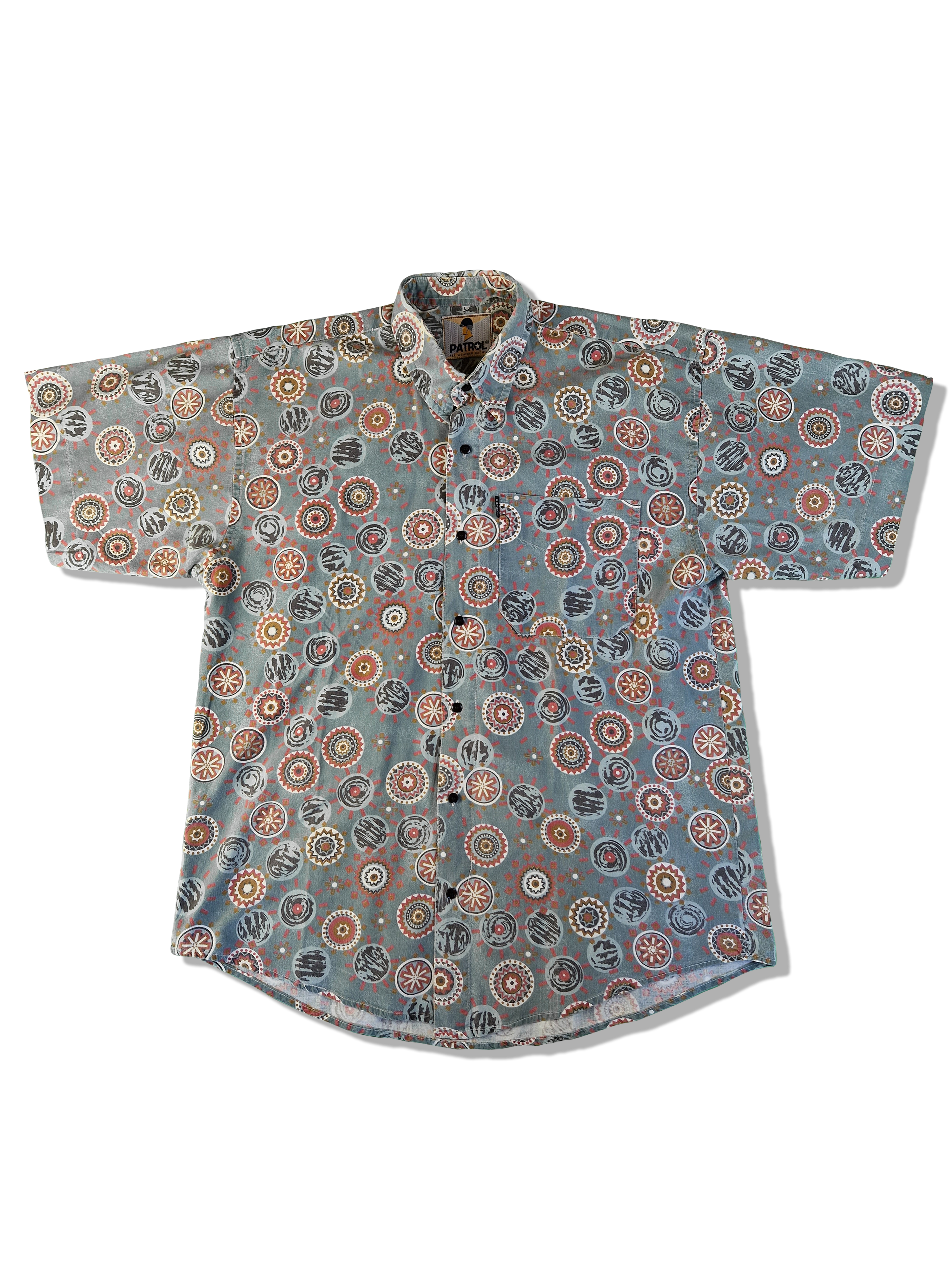 Vintage Patrol Hemd Kurzarm Circle Pattern Grau Rot L - RareRags