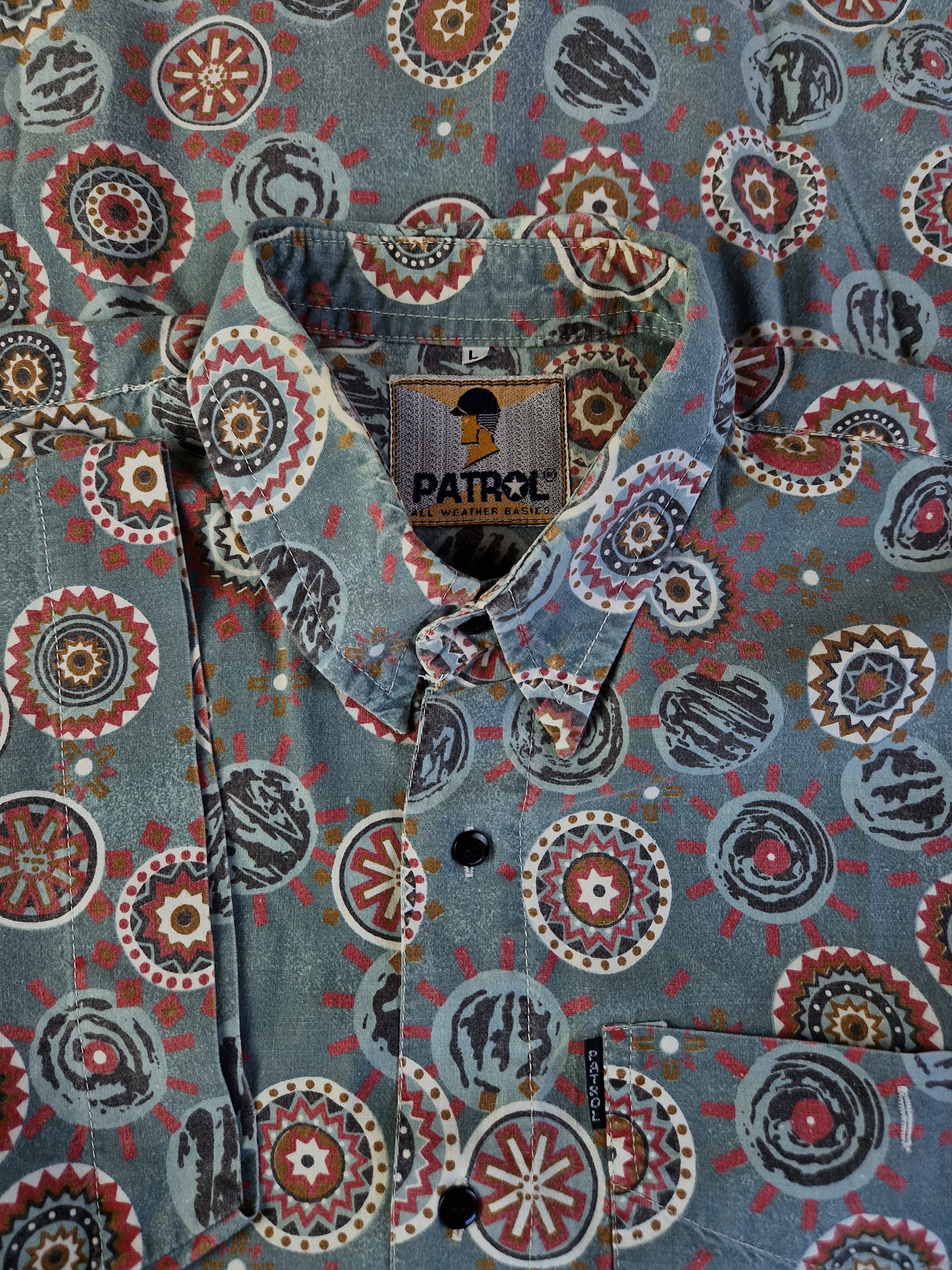 Vintage Patrol Hemd Kurzarm Circle Pattern Grau Rot L - RareRags