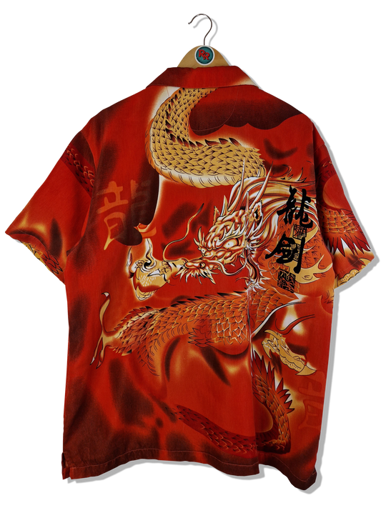 Y2K Dragon Kurzarmhemd Allover Print Rot Orange L-XL