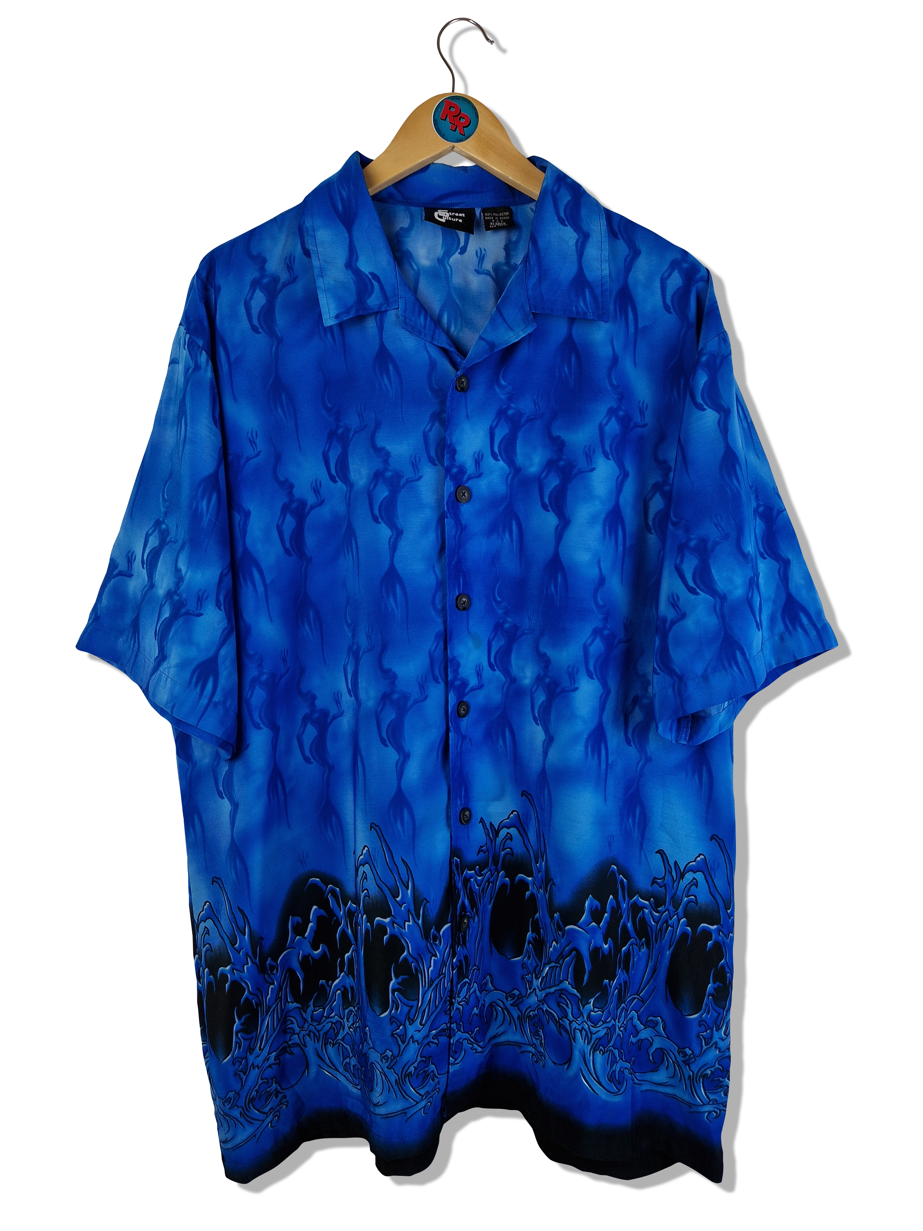 Vintage Street Culture Kurzarmhemd Abstract Wave Pattern Made In Korea Blau XL